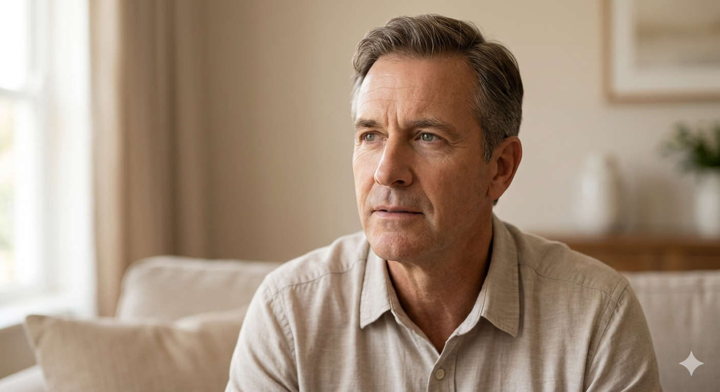 Hombre adulto preocupado por las primeras señales de problemas de próstata Hombre adulto preocupado por las primeras señales de problemas de próstata